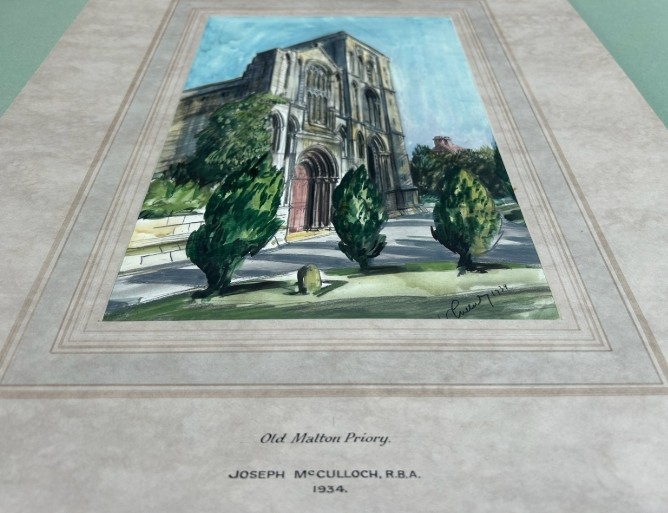 An early 20th-century watercolour painting depicting the stone facade of Old Malton Priory under a clear blue sky surrounded by green trees. View IX