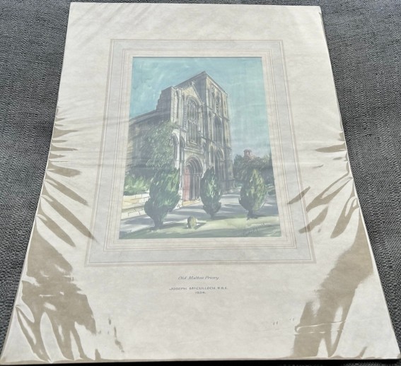 An early 20th-century watercolour painting depicting the stone facade of Old Malton Priory under a clear blue sky surrounded by green trees. View XI