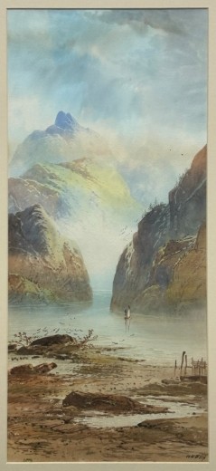 A vertical late 19th-century watercolour painting depicting a misty Scottish loch surrounded by steep mountain cliffs and a small sailboat. View III