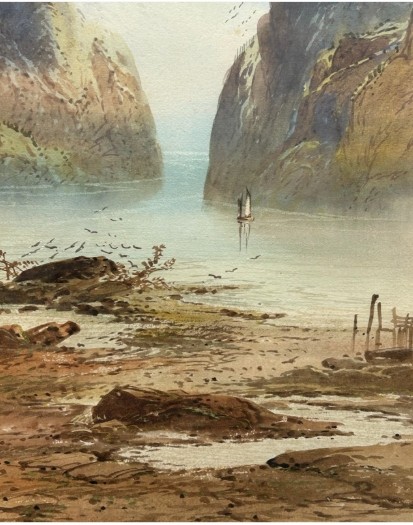 A vertical late 19th-century watercolour painting depicting a misty Scottish loch surrounded by steep mountain cliffs and a small sailboat. View IV