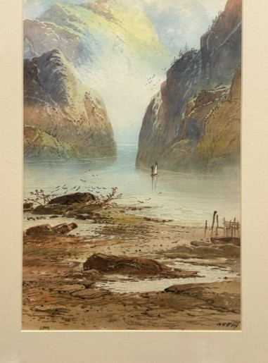 A vertical late 19th-century watercolour painting depicting a misty Scottish loch surrounded by steep mountain cliffs and a small sailboat. View V