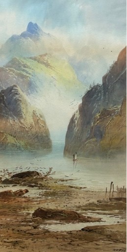 A vertical late 19th-century watercolour painting depicting a misty Scottish loch surrounded by steep mountain cliffs and a small sailboat. View VI