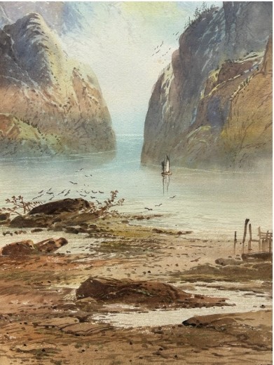 A vertical late 19th-century watercolour painting depicting a misty Scottish loch surrounded by steep mountain cliffs and a small sailboat. View VIII