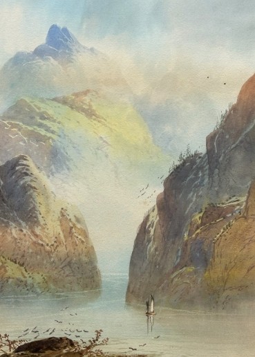 A vertical late 19th-century watercolour painting depicting a misty Scottish loch surrounded by steep mountain cliffs and a small sailboat. View IX