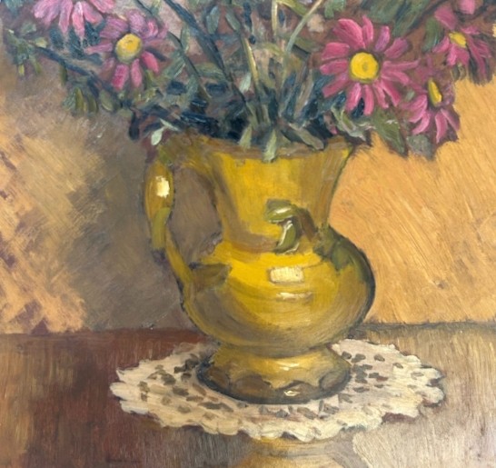 A mid-20th century oil painting on board featuring pink and purple flowers in a yellow pitcher against a textured ochre background, presented in a wooden frame. View VII