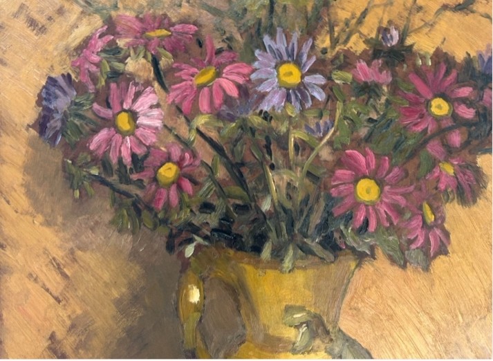 A mid-20th century oil painting on board featuring pink and purple flowers in a yellow pitcher against a textured ochre background, presented in a wooden frame. View VIII