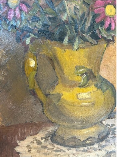 A mid-20th century oil painting on board featuring pink and purple flowers in a yellow pitcher against a textured ochre background, presented in a wooden frame. View XI