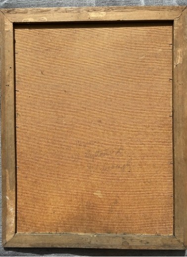 A mid-20th century oil painting on board featuring pink and purple flowers in a yellow pitcher against a textured ochre background, presented in a wooden frame. View XII