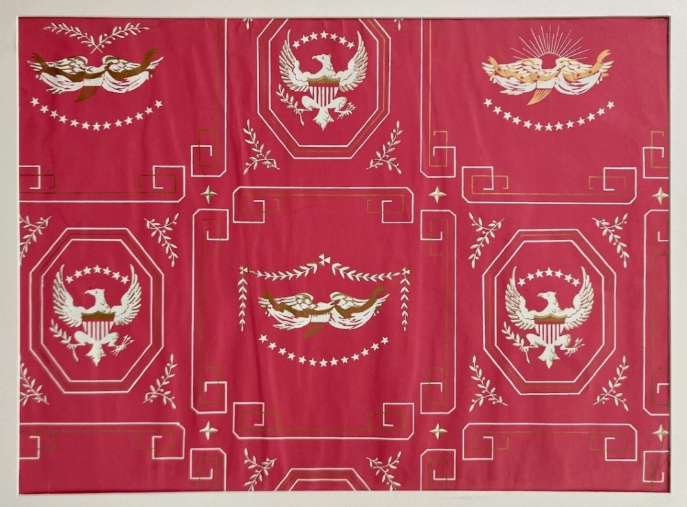 Crimson red hand-printed wallpaper panel featuring white and gold American eagle motifs within octagonal panels, laurel swags, and geometric borders. View II