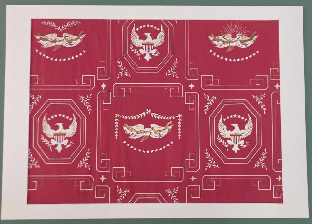 Crimson red hand-printed wallpaper panel featuring white and gold American eagle motifs within octagonal panels, laurel swags, and geometric borders. View XIII