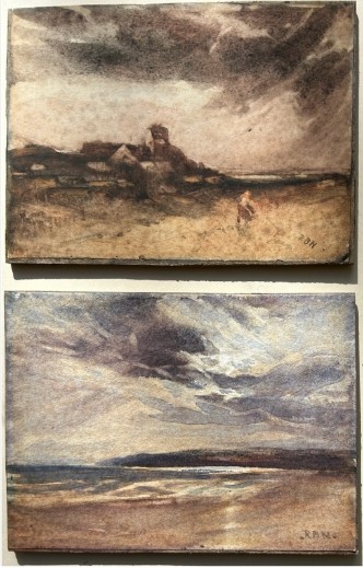 A pair of late 19th-century watercolour paintings depicting a Scottish rural landscape and a coastal shoreline, both initialled RBN in the lower corner.
