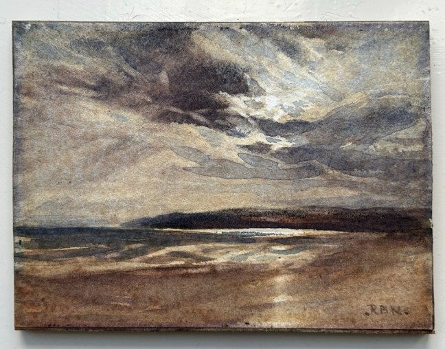 A pair of late 19th-century watercolour paintings depicting a Scottish rural landscape and a coastal shoreline, both initialled RBN in the lower corner. View II
