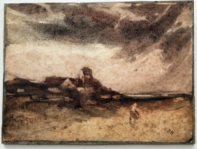 A pair of late 19th-century watercolour paintings depicting a Scottish rural landscape and a coastal shoreline, both initialled RBN in the lower corner. View III