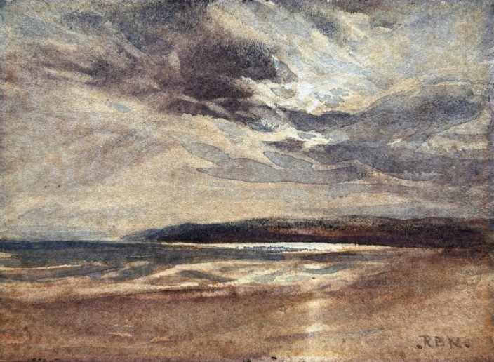 A pair of late 19th-century watercolour paintings depicting a Scottish rural landscape and a coastal shoreline, both initialled RBN in the lower corner. View IV