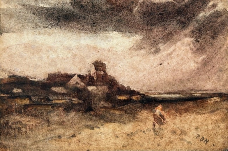 A pair of late 19th-century watercolour paintings depicting a Scottish rural landscape and a coastal shoreline, both initialled RBN in the lower corner. View V