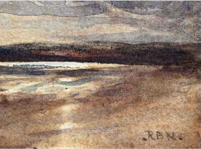 A pair of late 19th-century watercolour paintings depicting a Scottish rural landscape and a coastal shoreline, both initialled RBN in the lower corner. View VI