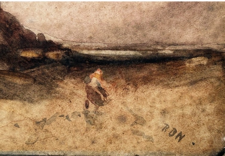 A pair of late 19th-century watercolour paintings depicting a Scottish rural landscape and a coastal shoreline, both initialled RBN in the lower corner. View VII