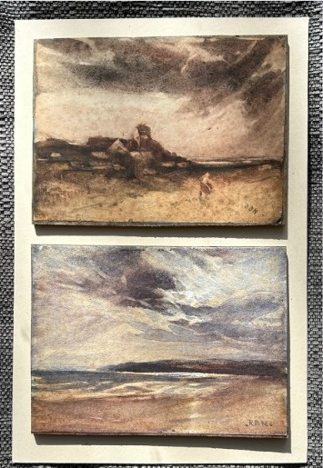 A pair of late 19th-century watercolour paintings depicting a Scottish rural landscape and a coastal shoreline, both initialled RBN in the lower corner. View VIII