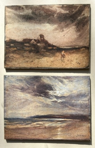A pair of late 19th-century watercolour paintings depicting a Scottish rural landscape and a coastal shoreline, both initialled RBN in the lower corner. View IX