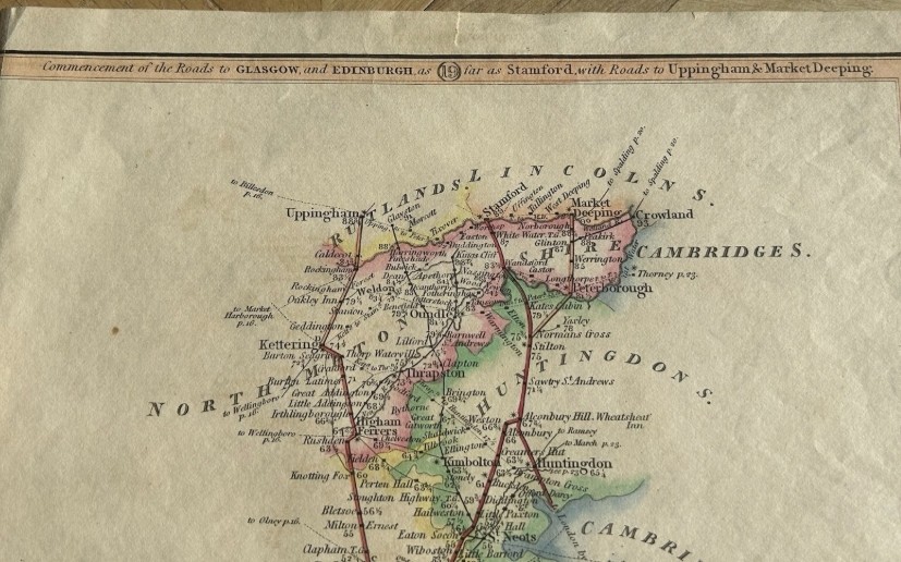 An 1821 engraved British road map featuring hand-coloured county outlines detailing travel routes from London to Stamford. View IV