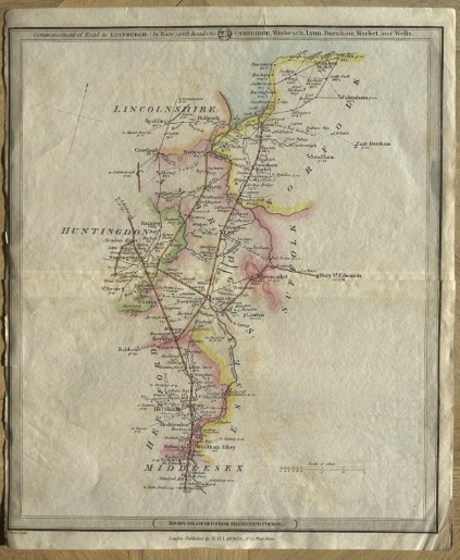 A hand-coloured Georgian engraved road map showing routes through Cambridgeshire and Norfolk printed on cream paper.