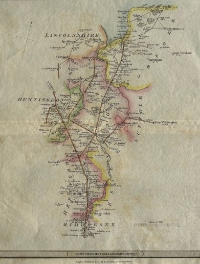 A hand-coloured Georgian engraved road map showing routes through Cambridgeshire and Norfolk printed on cream paper. View II