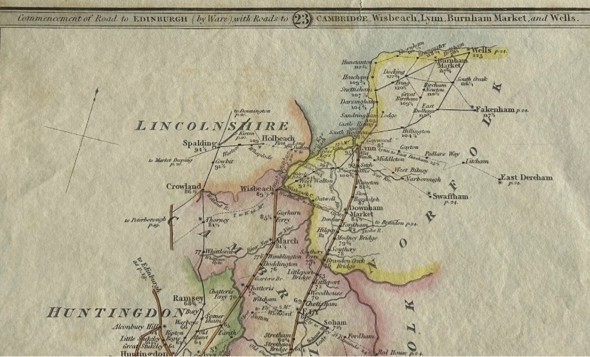 A hand-coloured Georgian engraved road map showing routes through Cambridgeshire and Norfolk printed on cream paper. View IV