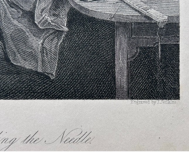 A monochrome nineteenth-century steel engraving depicting an elderly woman wearing spectacles and a headscarf threading a needle while seated at a small wooden table. View IV