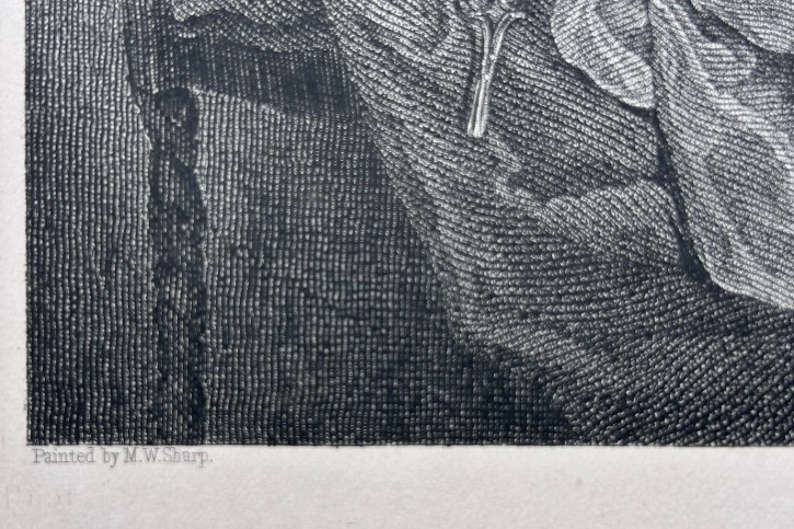 A monochrome nineteenth-century steel engraving depicting an elderly woman wearing spectacles and a headscarf threading a needle while seated at a small wooden table. View VI