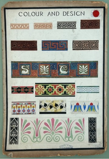 An original 1930s architectural study board on cream paper featuring hand-painted watercolour border designs, including Greek key patterns and foliate motifs beneath the heading Colour and Design.