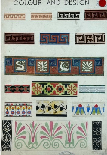 An original 1930s architectural study board on cream paper featuring hand-painted watercolour border designs, including Greek key patterns and foliate motifs beneath the heading Colour and Design. View II