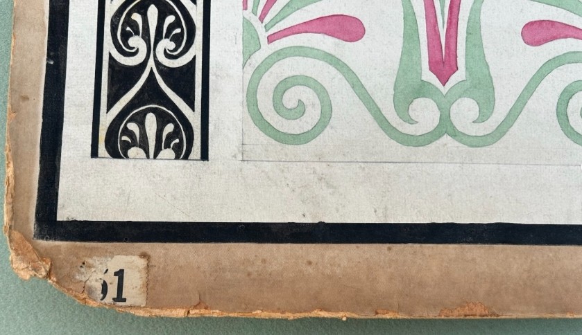 An original 1930s architectural study board on cream paper featuring hand-painted watercolour border designs, including Greek key patterns and foliate motifs beneath the heading Colour and Design. View IV