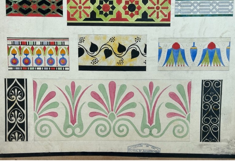 An original 1930s architectural study board on cream paper featuring hand-painted watercolour border designs, including Greek key patterns and foliate motifs beneath the heading Colour and Design. View V