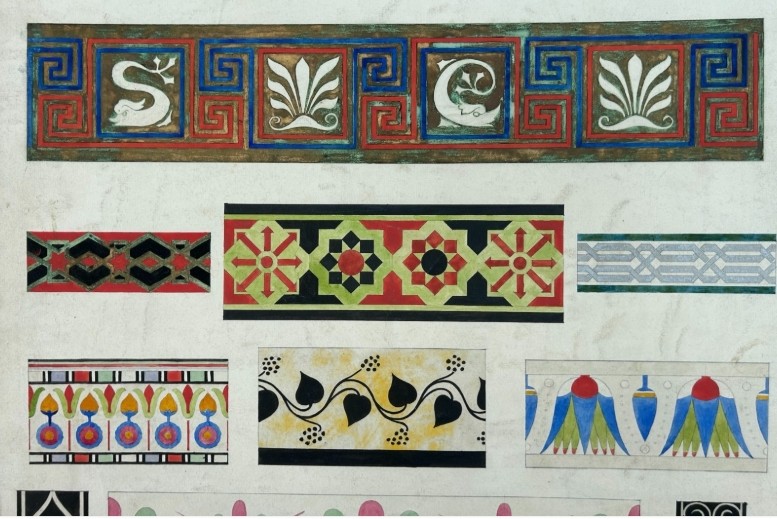 An original 1930s architectural study board on cream paper featuring hand-painted watercolour border designs, including Greek key patterns and foliate motifs beneath the heading Colour and Design. View VI