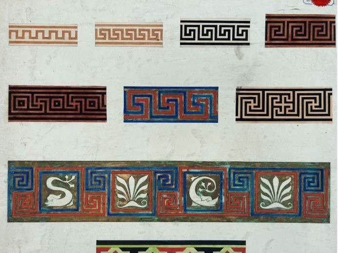 An original 1930s architectural study board on cream paper featuring hand-painted watercolour border designs, including Greek key patterns and foliate motifs beneath the heading Colour and Design. View VII