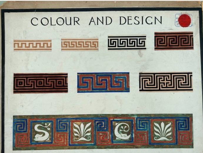 An original 1930s architectural study board on cream paper featuring hand-painted watercolour border designs, including Greek key patterns and foliate motifs beneath the heading Colour and Design. View VIII