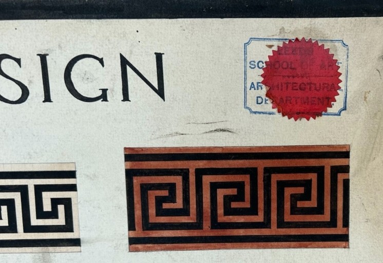 An original 1930s architectural study board on cream paper featuring hand-painted watercolour border designs, including Greek key patterns and foliate motifs beneath the heading Colour and Design. View IX