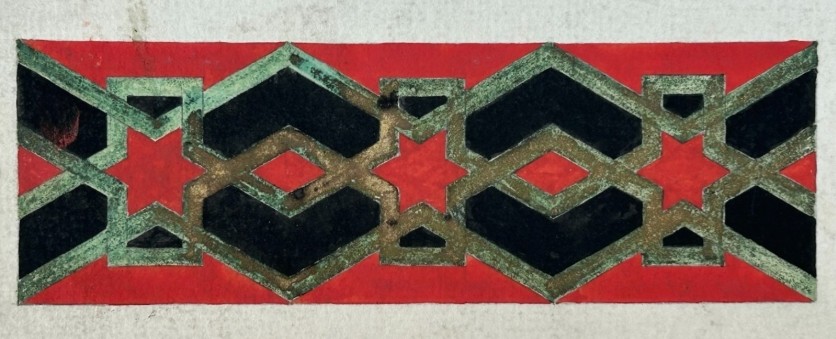 An original 1930s architectural study board on cream paper featuring hand-painted watercolour border designs, including Greek key patterns and foliate motifs beneath the heading Colour and Design. View X