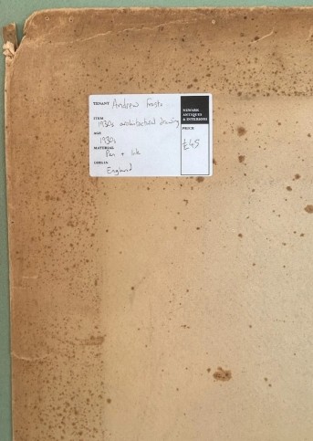 An original 1930s architectural study board on cream paper featuring hand-painted watercolour border designs, including Greek key patterns and foliate motifs beneath the heading Colour and Design. View XII