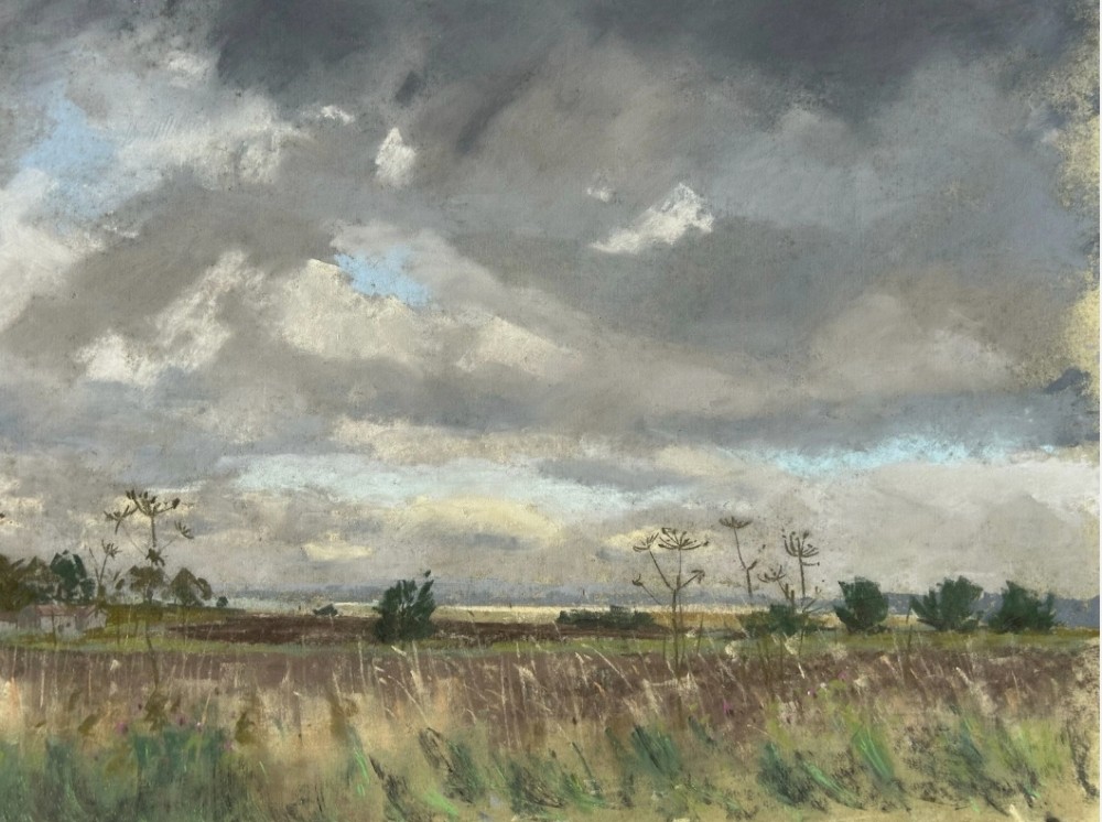 Original pastel drawing depicting a rural Yorkshire field under a dramatic, overcast grey sky with seed heads in the foreground.