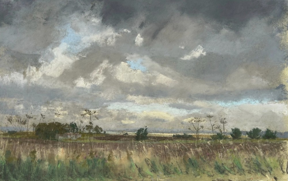Original pastel drawing depicting a rural Yorkshire field under a dramatic, overcast grey sky with seed heads in the foreground. View IV