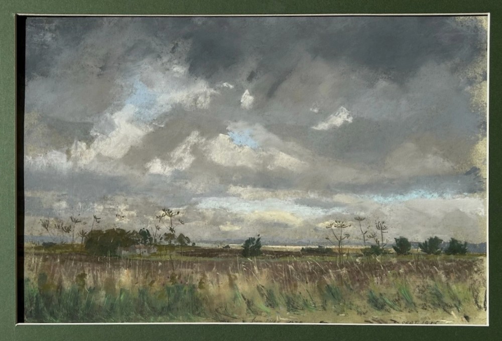 Original pastel drawing depicting a rural Yorkshire field under a dramatic, overcast grey sky with seed heads in the foreground. View V