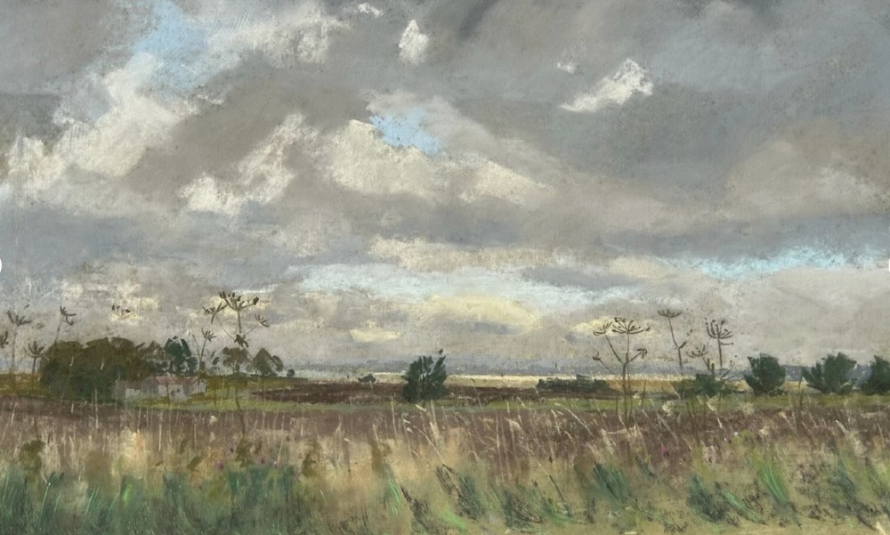 Original pastel drawing depicting a rural Yorkshire field under a dramatic, overcast grey sky with seed heads in the foreground. View VI