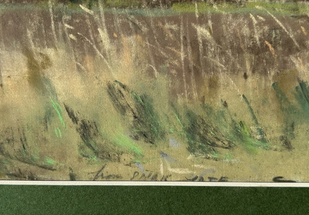 Original pastel drawing depicting a rural Yorkshire field under a dramatic, overcast grey sky with seed heads in the foreground. View VII