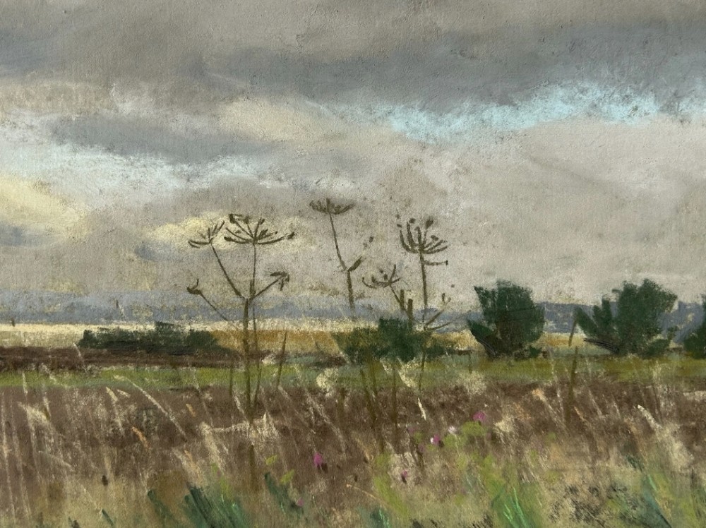 Original pastel drawing depicting a rural Yorkshire field under a dramatic, overcast grey sky with seed heads in the foreground. View VIII