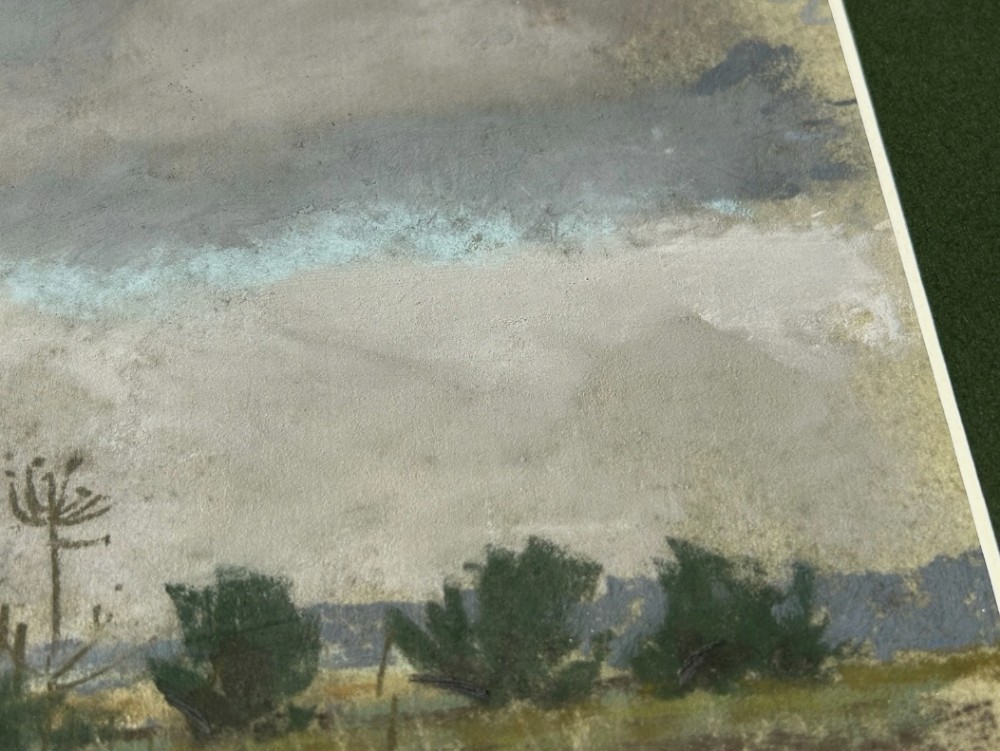 Original pastel drawing depicting a rural Yorkshire field under a dramatic, overcast grey sky with seed heads in the foreground. View IX