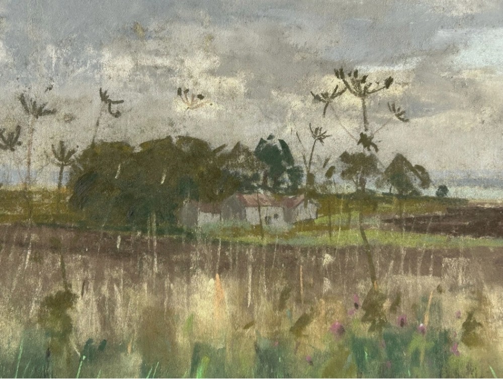 Original pastel drawing depicting a rural Yorkshire field under a dramatic, overcast grey sky with seed heads in the foreground. View X