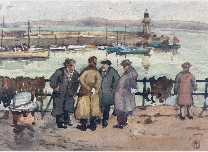 Three early 20th-century artworks depicting harbour scenes with fishermen, boats, and a lighthouse in St Ives.