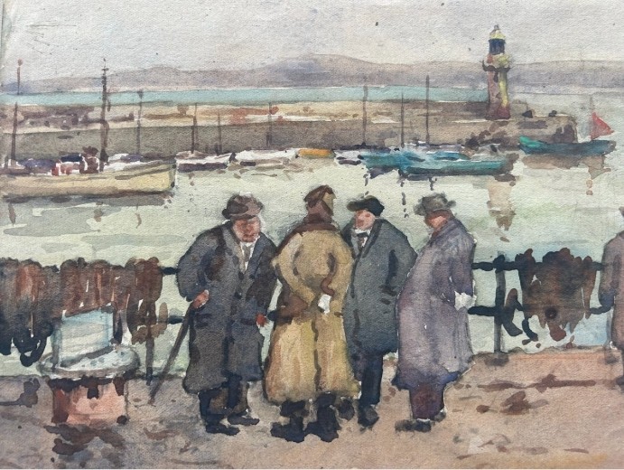 Three early 20th-century artworks depicting harbour scenes with fishermen, boats, and a lighthouse in St Ives. View IV