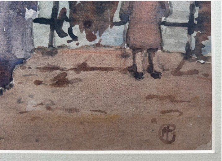 Three early 20th-century artworks depicting harbour scenes with fishermen, boats, and a lighthouse in St Ives. View V
